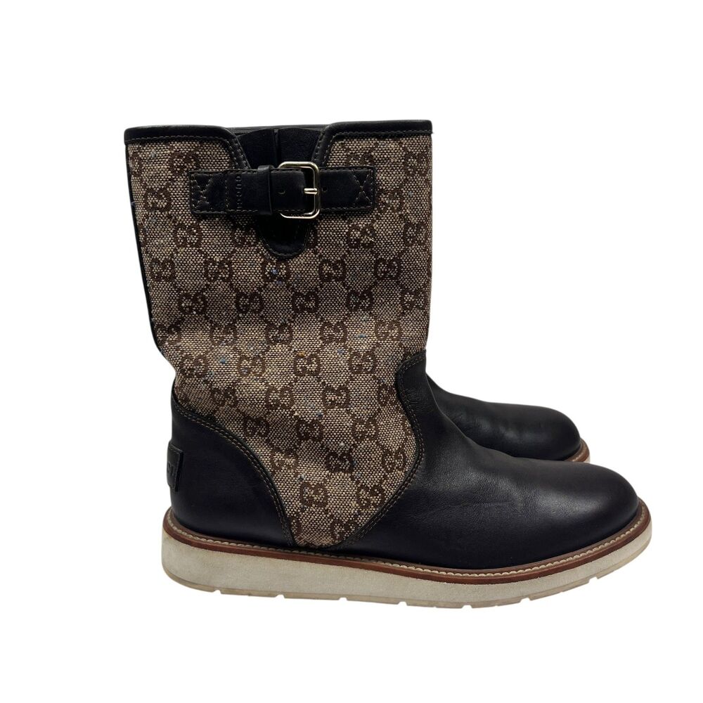 Gucci Brown Leather Signature GG Canvas Quercy Mid Calf Boots Size EUR 39.5‎